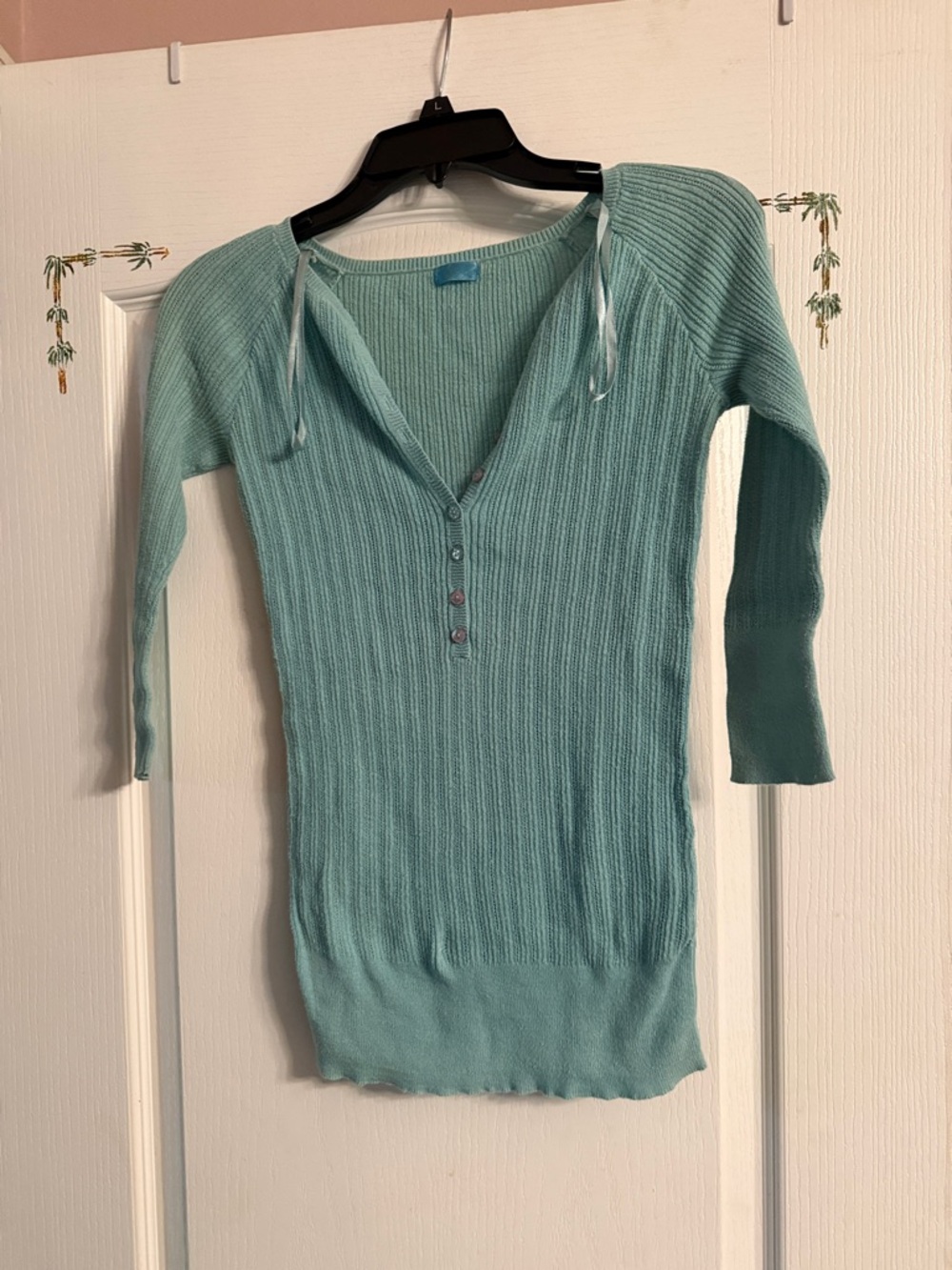 Light Aqua Ribbed Henley Pullover